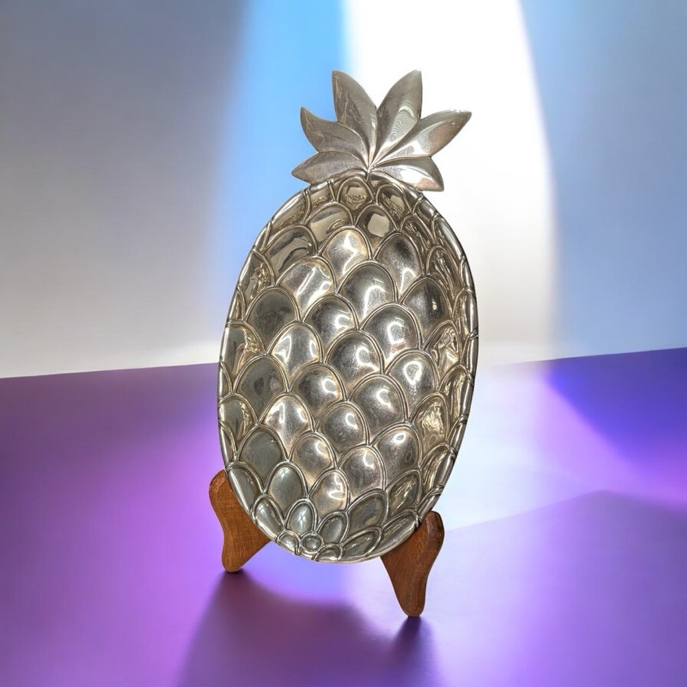 Vintage Silea Pineapple Serving Bowl Trinket Dish Decor- Silver Metal w Wooden